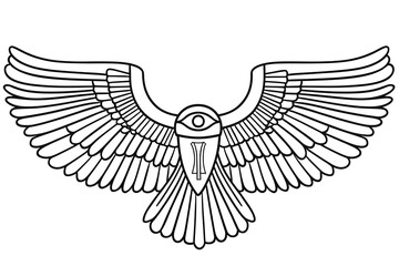 Ancient Egypt vintage art hipster line art Illustration with eye of horus with Sacred scarab wings wall art design in outline simple minimal design.