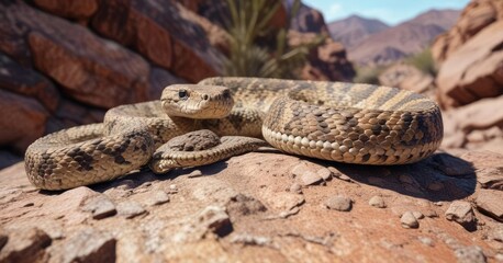 Naklejka premium Desert rattlesnake on rocky terrain with mottled bark , wildlife, desert landscape, southwestern