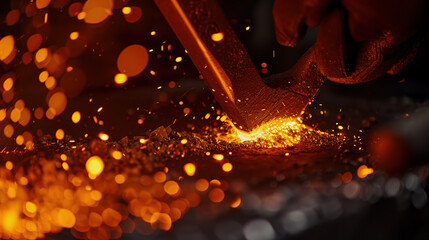 Skilled hands work diligently in a workshop, striking heated metal. Sparks fly, illuminating the workspace, showcasing the artistry of craftsmanship in a warm glow.