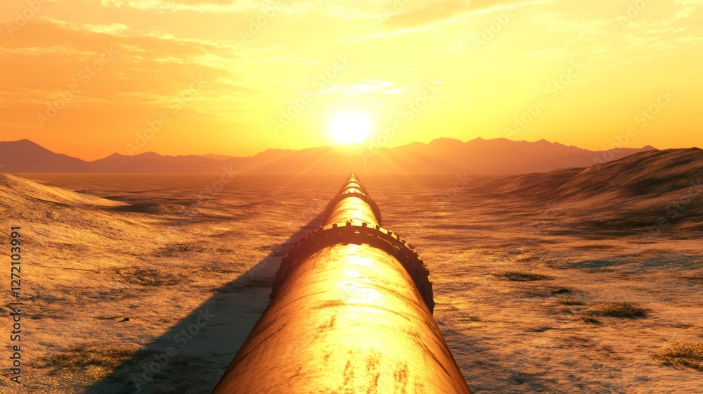 Poster large pipeline transporting oil across vast desert landscape, illuminated by golden light of setting