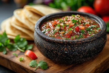 Homemade Salsa with Fresh Ingredients: Stone Bowl Presentation with Tortilla Chips - Perfect Mexican Cuisine Appetizer