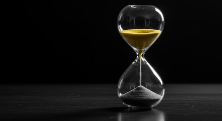 Time Passing Hourglass - An hourglass with yellow and grey sand against a black background, symbolizing the passage of time