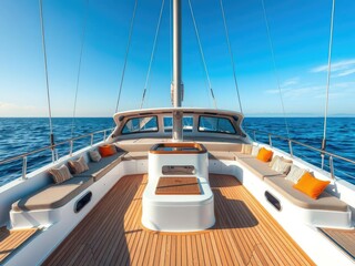 Fototapeta premium Detailed view of a luxurious deck on a summer sailing yacht with comfortable seating and vibrant colors, marina, seating