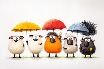 Obraz premium A cheerful group of sheep stands side by side under bright umbrellas, showcasing their playful personalities in a vibrant outdoor setting