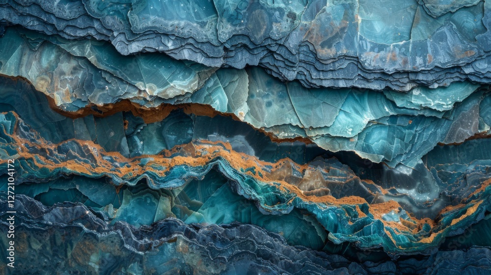 Poster textured layers of blue and teal rocks show natural formations, highlighted by striking orange lines