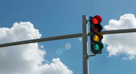Traffic Light and Sky - A traffic light showing a green pedestrian signal against a bright blue sky with fluffy white clouds