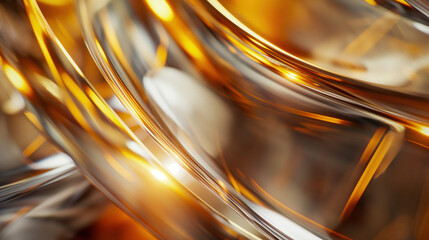 Curved forms blend shades of amber and silver to produce a mesmerizing effect, showcasing the beauty of fluid motion and light reflections in artistic expression.
