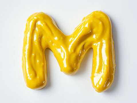 letter M made of yellow mustard. Minimalistic design on a plain white background