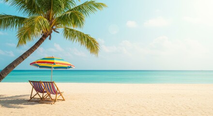Obraz premium Tropical Beach Paradise - Two lounge chairs under a colorful beach umbrella sit on a pristine sandy beach, under a palm tree next to a calm turquoise ocean