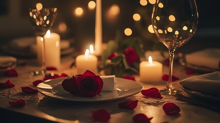 A romantic dinner setup with candles and roses