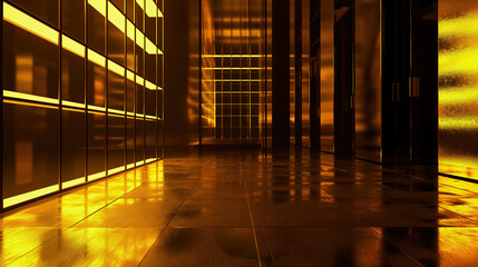 A stunning corridor featuring golden reflective surfaces and sleek modern architecture creates an elegant ambiance in a luxury building at night.