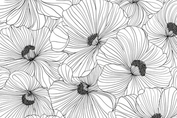 Floral background. Large flowers. Graphic line drawing.