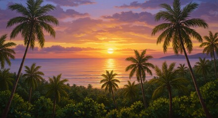 Obraz premium Tropical Sunset Paradise Beach - Serene sunset over a tropical beach, palm trees silhouetted against vibrant colors, symbolizing peace, tranquility, paradise, escape, and relaxation