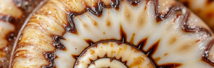 Macro close-up of spiral snail shell with intricate brown patterns
