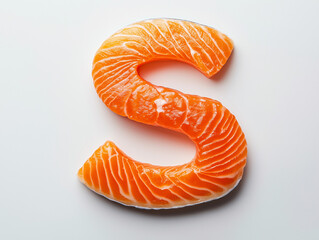 a letter S made of salmon, top view. Minimalistic design on a plain white background