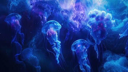 A cluster of bioluminescent jellyfish gracefully floats in the deep ocean illuminating the dark waters with vibrant blues and purples creating a captivating underwater spectacle