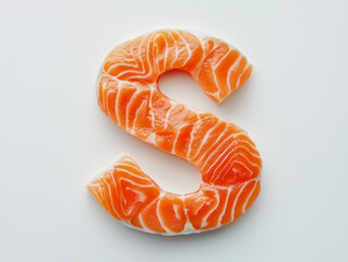 a letter S made of salmon, top view. Minimalistic design on a plain white background