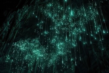 Obraz premium A mesmerizing display of glow worms hangs from the cave ceiling casting a beautiful greenish light that mimics a starry night sky in the darkness below. This natural wonder enchants visitors