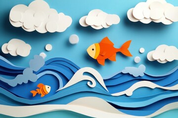 Fototapeta premium Colorful Paper Fish Swimming in Ocean Waves with Clouds and Bubbles