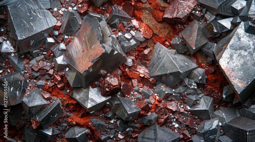Aufkleber complex arrangement of metallic black and red minerals showcases various crystal shapes with sharp e