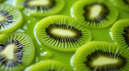Fresh kiwi slices rest on a glossy swirl of green puree, highlighting vibrant color and natural sweetness.