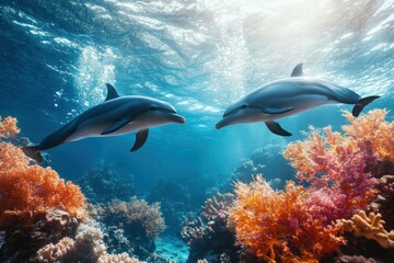 Obraz premium Dolphins Swimming Among Vibrant Coral Reef Underwater Paradise