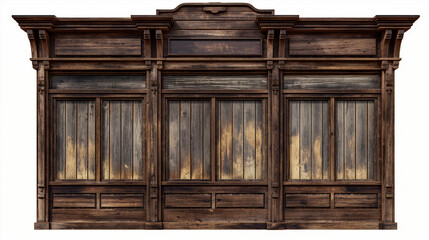 A beautifully aged wooden storefront facade featuring multiple panels, intricate architectural elements, and a distinct vintage charm. The weathered wood tells a story of time.