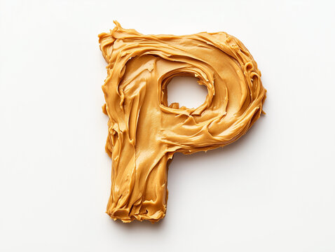letter P made of peanut butter. Minimalistic design on a plain white background