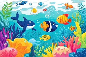 Obraz premium Colorful Underwater Scene with Various Tropical Fish and Coral Reefs
