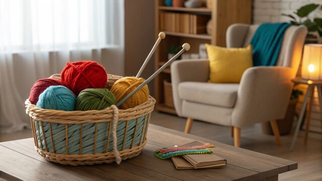 A knitting basket with colorful yarns and needles, cozy and creative atmosphere.