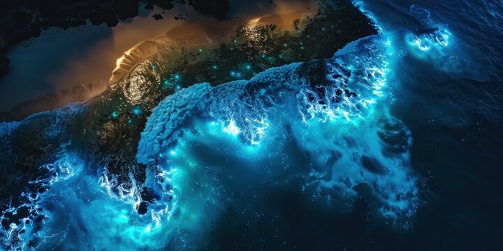 View breathtaking glowing blue and green lights beneath the water in a bioluminescent bay at night. Microorganisms create a dazzling display illuminating the shoreline beautifully