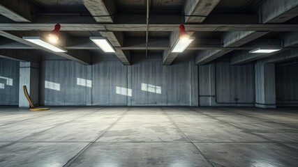 Exposed concrete floor with industrial lighting fixtures, industrial, flooring, concrete