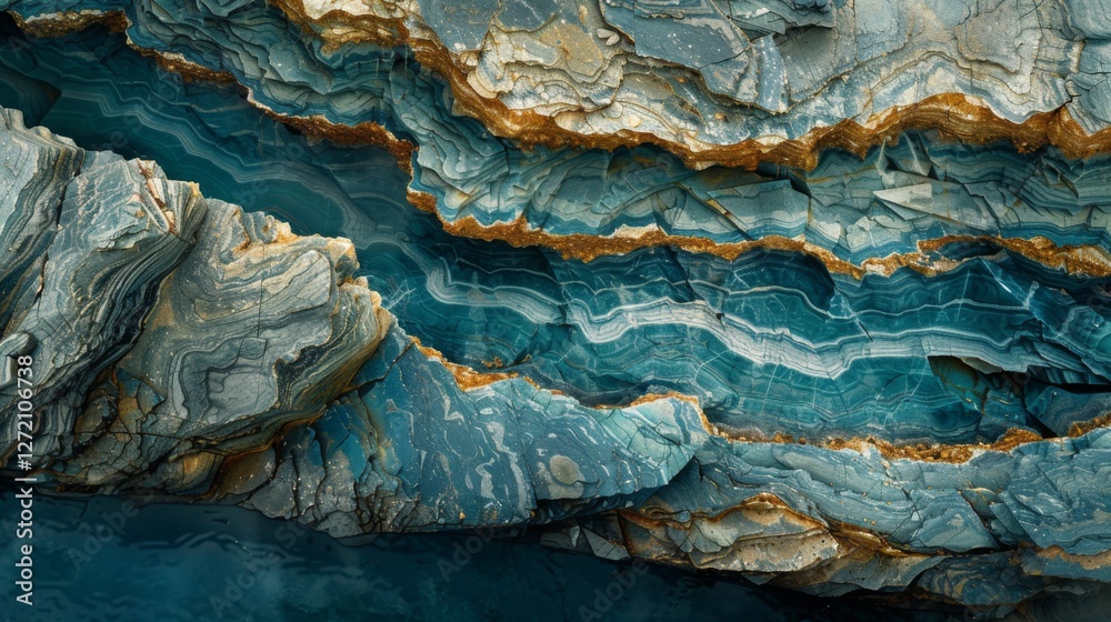 Poster intricate layers of blue and gold stone create a captivating landscape, showcasing natural patterns 