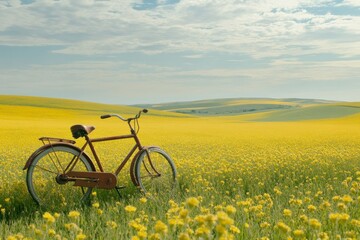 Naklejka premium Vintage Bicycle in a Bright Yellow Flower Field under Blue Sky
