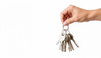 hand holding a keyring with multiple silver house keys on a white background, concept of real estate, security, and property ownership