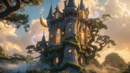 Magical castle surrounded by enchanting trees and mysterious skies at twilight in a fantasy setting