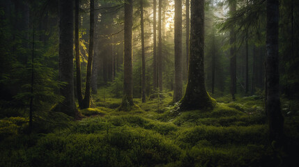 Fototapeta premium Soft light filters through the canopy of tall trees in a peaceful forest, illuminating the vibrant green moss and foliage on the forest floor, enhancing the sense of tranquility.
