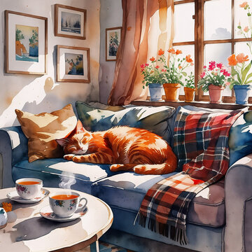 The cute cat sleeping on a sofa in suny day. AI-generated illustration in watercolor style