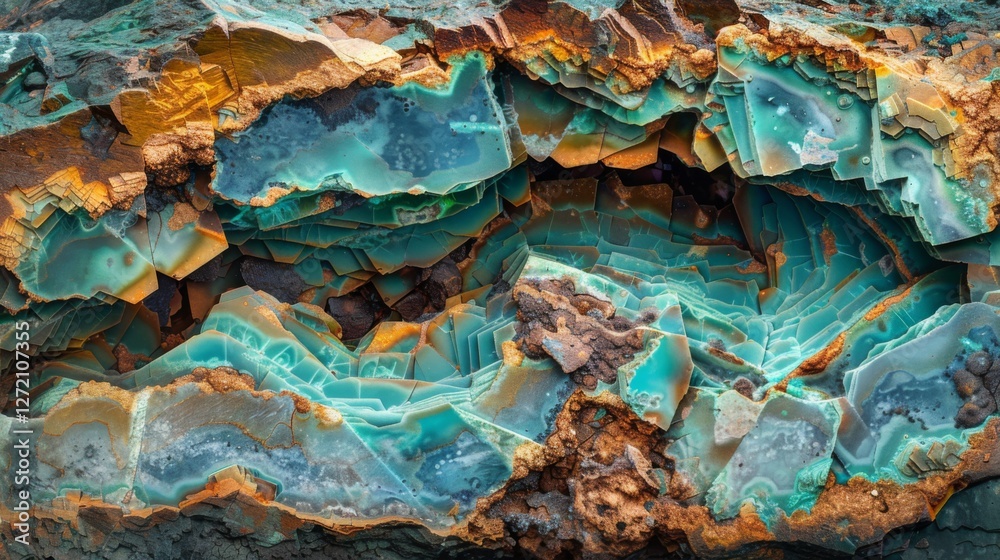 Poster a captivating display of a geological formation with striking blue and orange hues, revealing comple