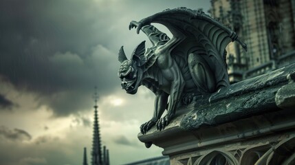 Fototapeta premium A stone gargoyle adorned with intricate carvings and a fierce expression rests on the edge of a Gothic cathedral. Dark clouds loom overhead enhancing the eerie ambiance of this ancient structure