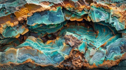 Obraz premium A captivating display of a geological formation with striking blue and orange hues, revealing complex patterns and textures formed over time, showcasing nature's artistry.