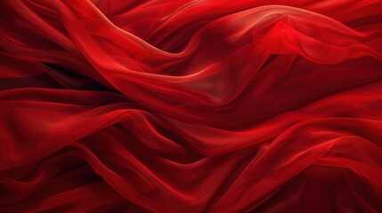 Fototapeta premium Rich red gossamer fabric creates a striking backdrop with dynamic waves and folds. Ideal for high-contrast product photography featuring ample copy space at the top
