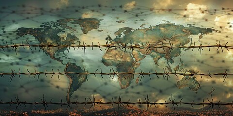 An intricate world map is entangled in barbed wire symbolizing division and the rise of global xenophobia. The upper half provides ample copy space for impactful messaging
