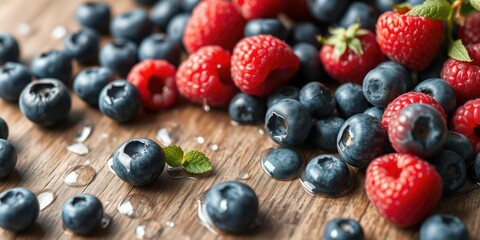 Fresh blueberries and raspberries scattered on a wooden table with individual water drops forming tiny pools around them, seasonal fruits, minerals, raspberries