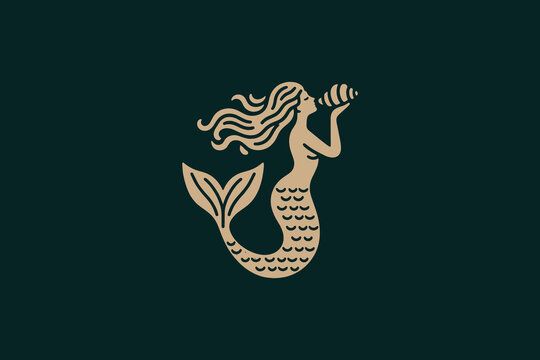 Vintage mermaid logo blowing a conch shell in elegant design