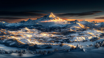Majestic sunrise illuminates snowy mountain range, winter landscape