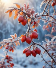 Frozen Rose Hips and Autumn Leaves in Frost Crystals on a Snowy Morning, frosty mornings, winter landscapes, frozen foliage
