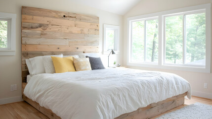 Rustic bedroom interior design, large bed, wood headboard, lakeside view