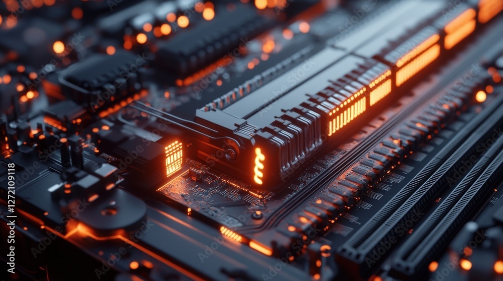 Poster close up view of glowing ram memory modules installed on a motherboard, highlighting the critical ro