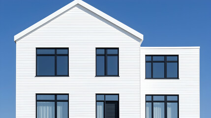 Obraz premium Modern white house exterior, sunny day, clear sky, real estate